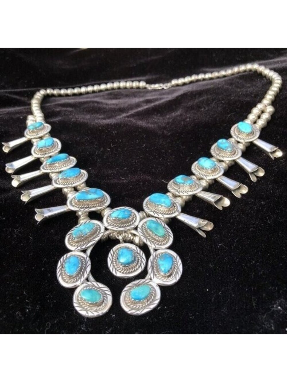 Vintage Sterling Silver Navajo Turquoise Squash Blossom Necklace Jewelry